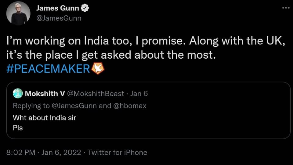 James Gunn Tweet on Peacemaker India Streaming