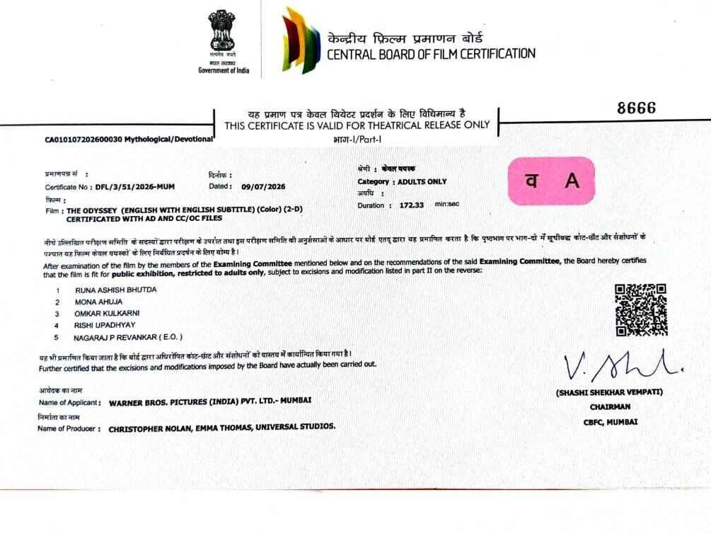 The Odyssey CBFC Certificate in India